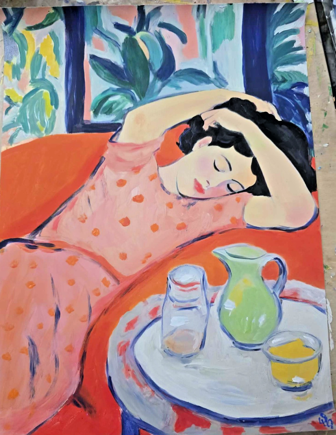 Hand Painted Acrylic on Canvas Painting "Resting on a Sofa". Signed