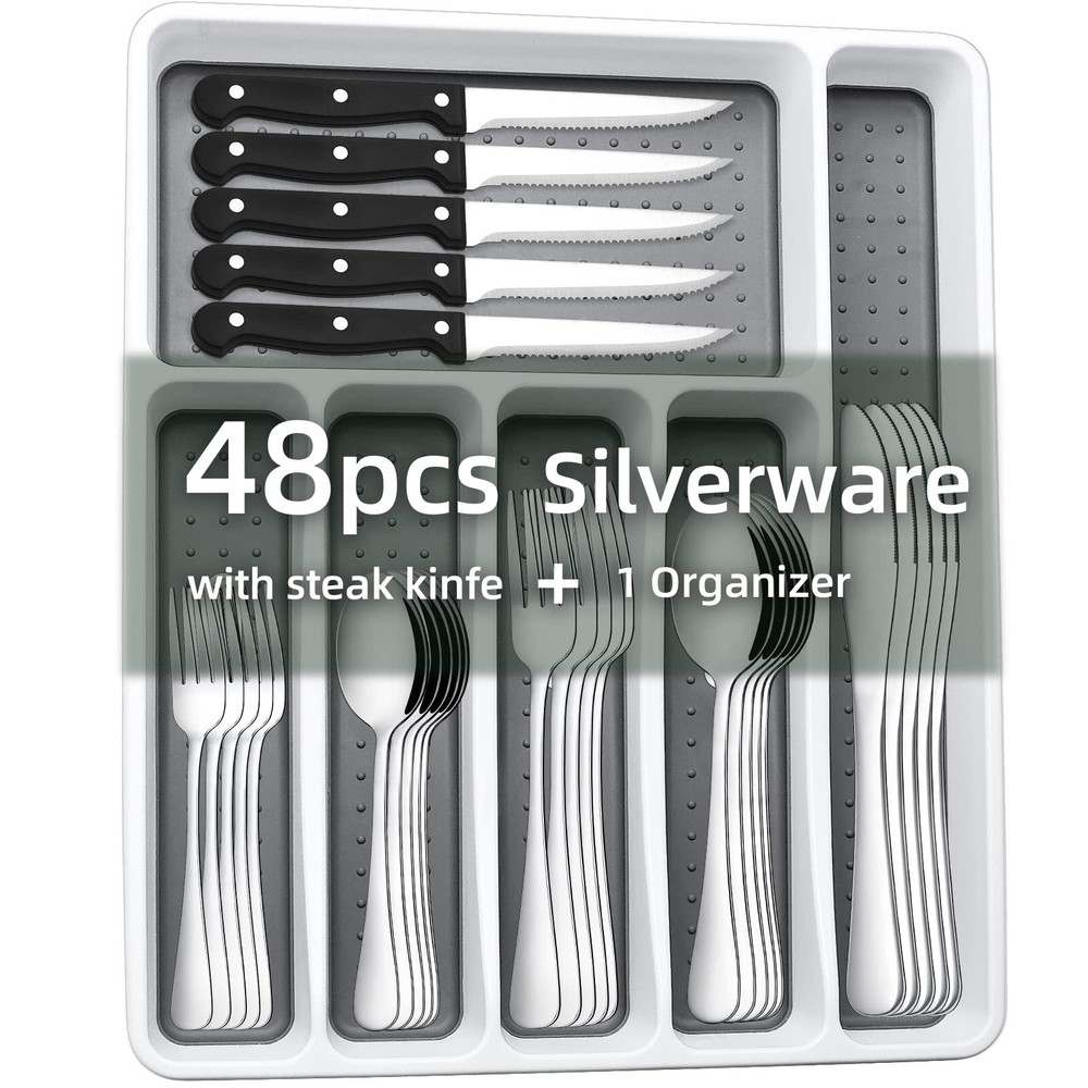 49PCS Silverware Set with Organizer Stainless Flatware for 8 Mirror Polished