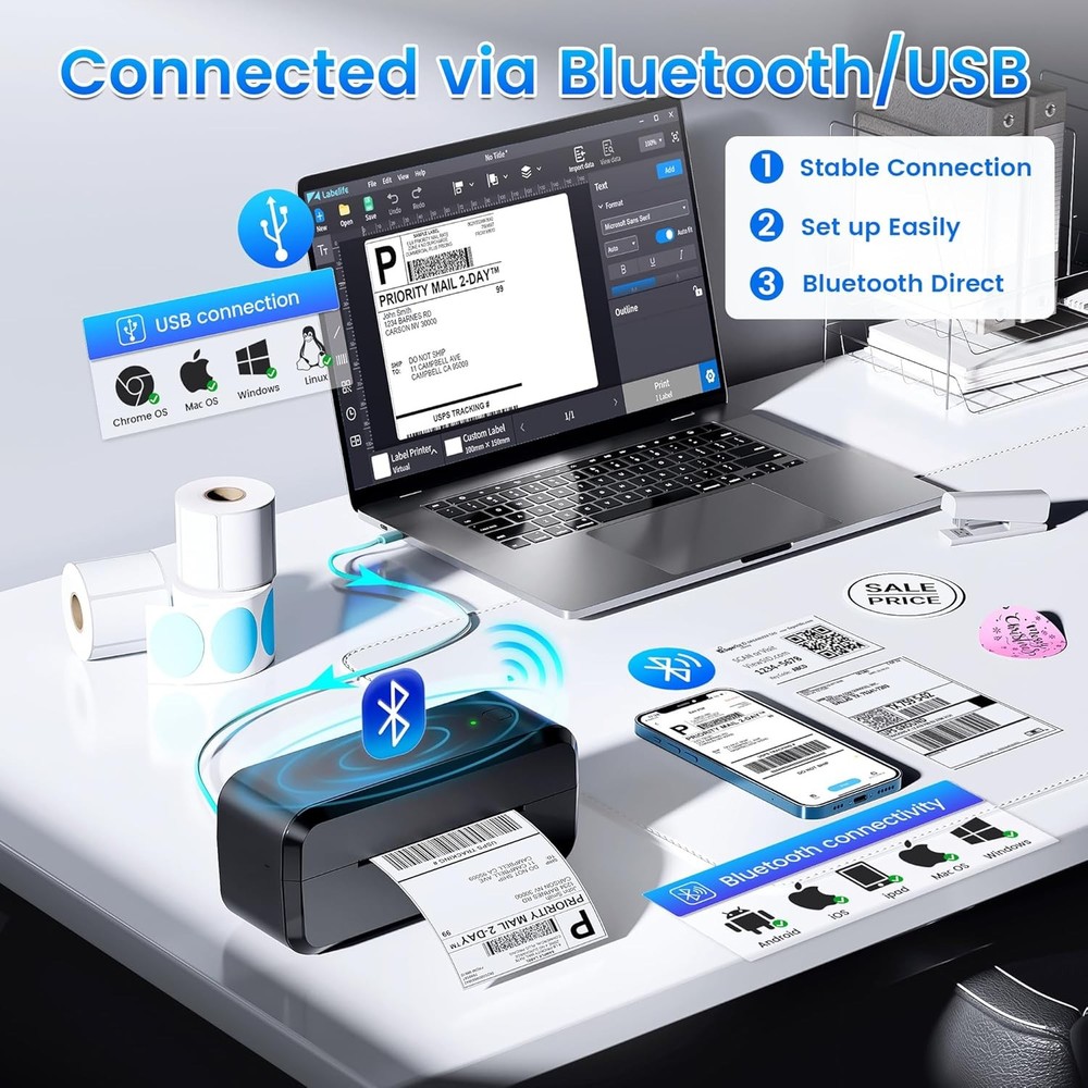 Shipping Label Printer Bluetooth 4x6 Printer for Shipping Label USPS FedEx UPS