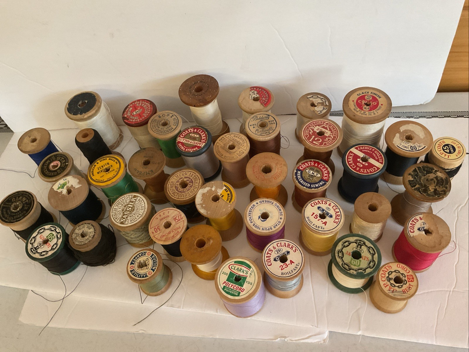 Vintage Lot of 40 Wooden Sewing Thread Spools Crafts Various Brands Full Partial