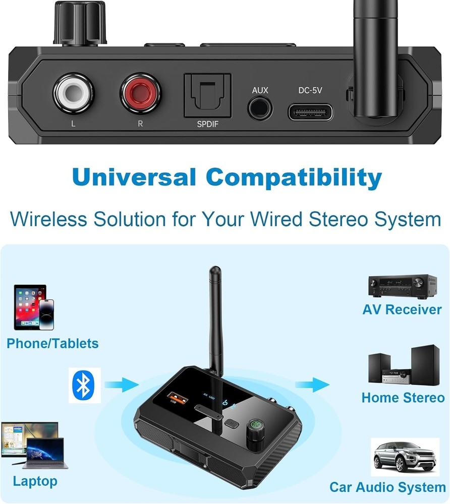 Bluetooth 5.3 Home Stereo Audio Receiver AUX USB Optical HD Music to RCA Adapter