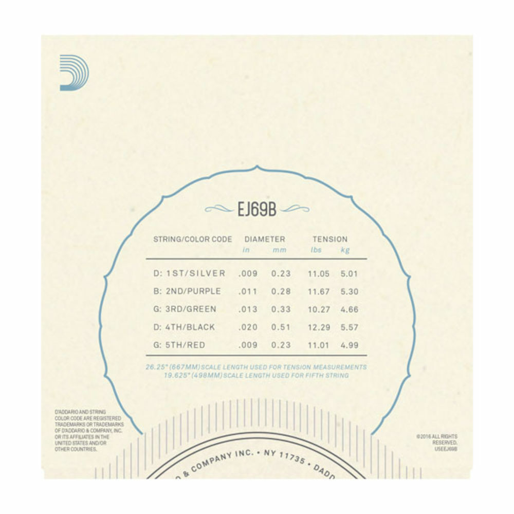 D'Addario EJ69B 5-String Ball-End Banjo Strings, Phosphor Bronze, Light, 9-20