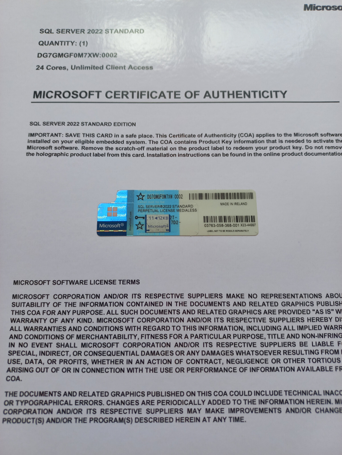 SQL Server 2022 Standard Microsoft 24 Core unlimited User CAL CoA DG7GMGF0M7XW