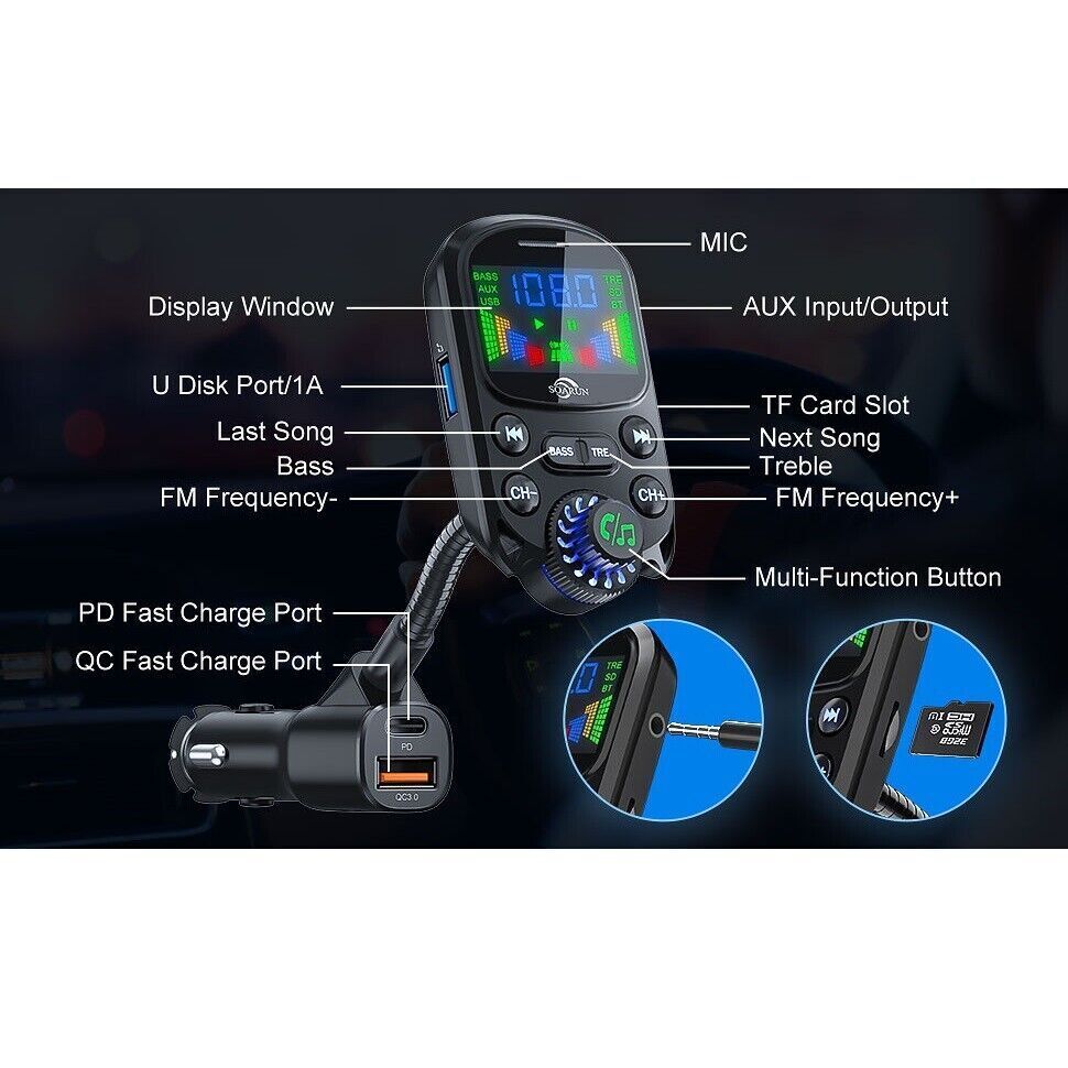 Car Bluetooth FM Transmitter Wireless MP3 Player PD USB Fast Car Charger Adapter