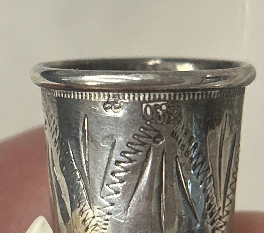 Antique Red Glass Stone Top Etched 830 Silver Thimble w/ Initials