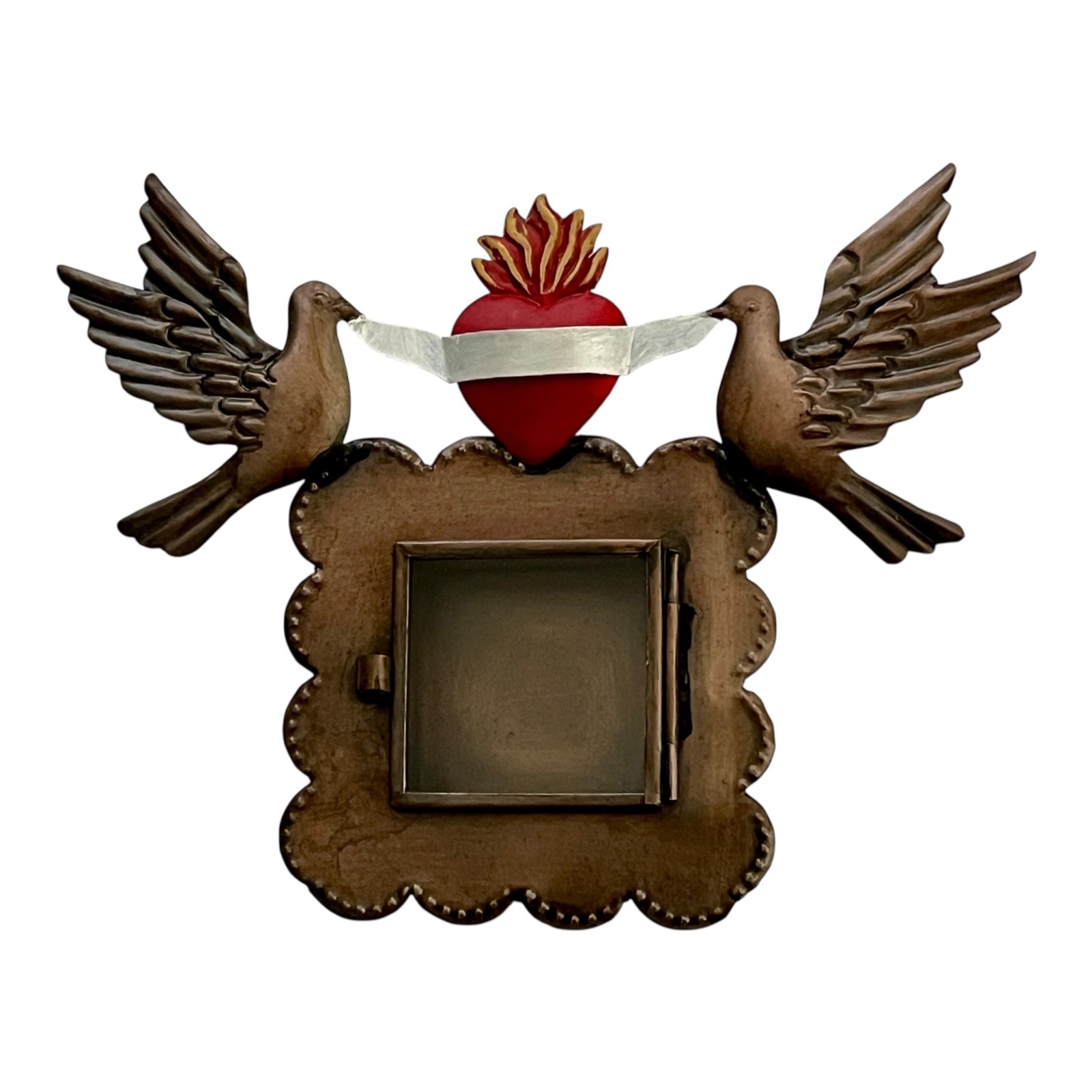 SACRED HEART Frame with Doves, Mexican Tin Heart Nicho, Shadowbow