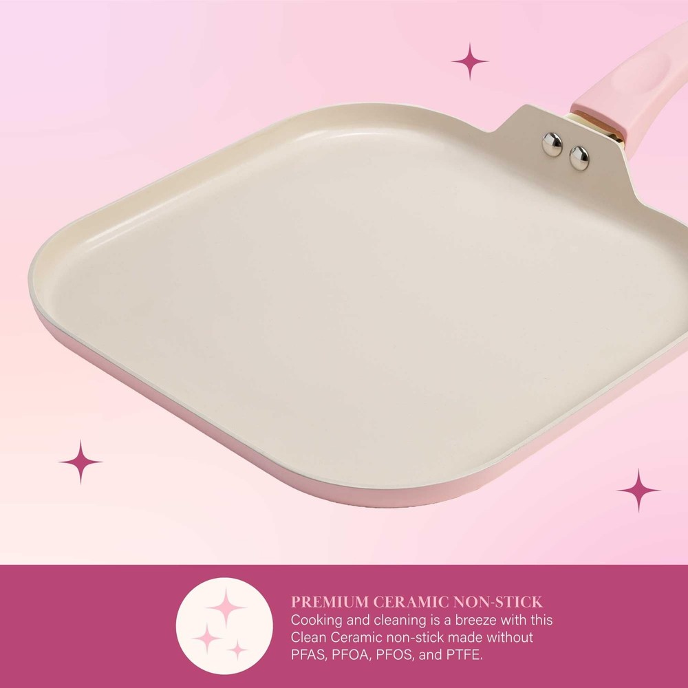 Paris Hilton Breakfast Ceramic Nonstick Cookware Set, Includes Square Griddle...