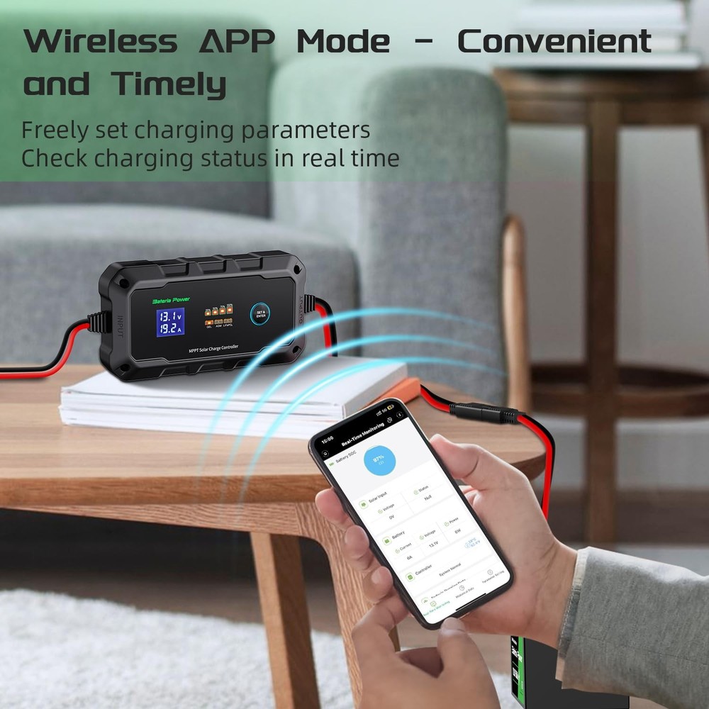20A 12V/24V MPPT Wireless Solar Charge Controller, Intelligent Solar Panel Re...