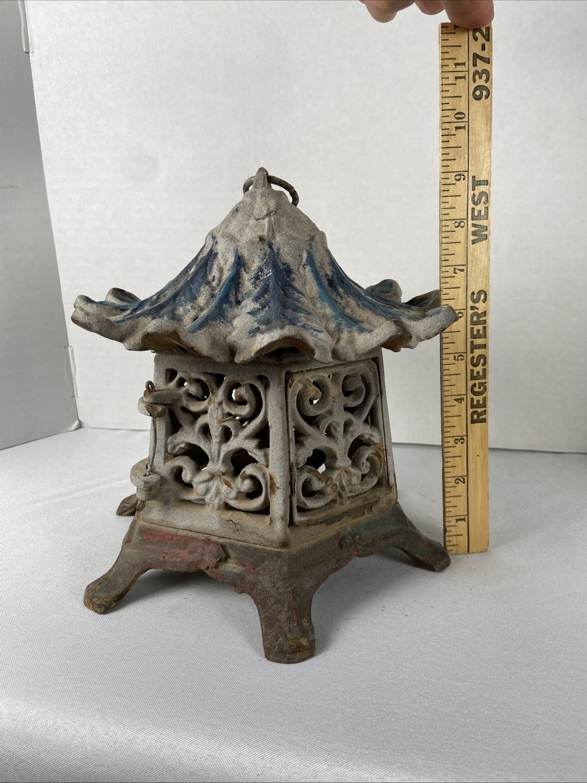 Vintage 9” Large Cast Iron Asian Pagoda Tea Light Candle Heavy Hanging Lantern