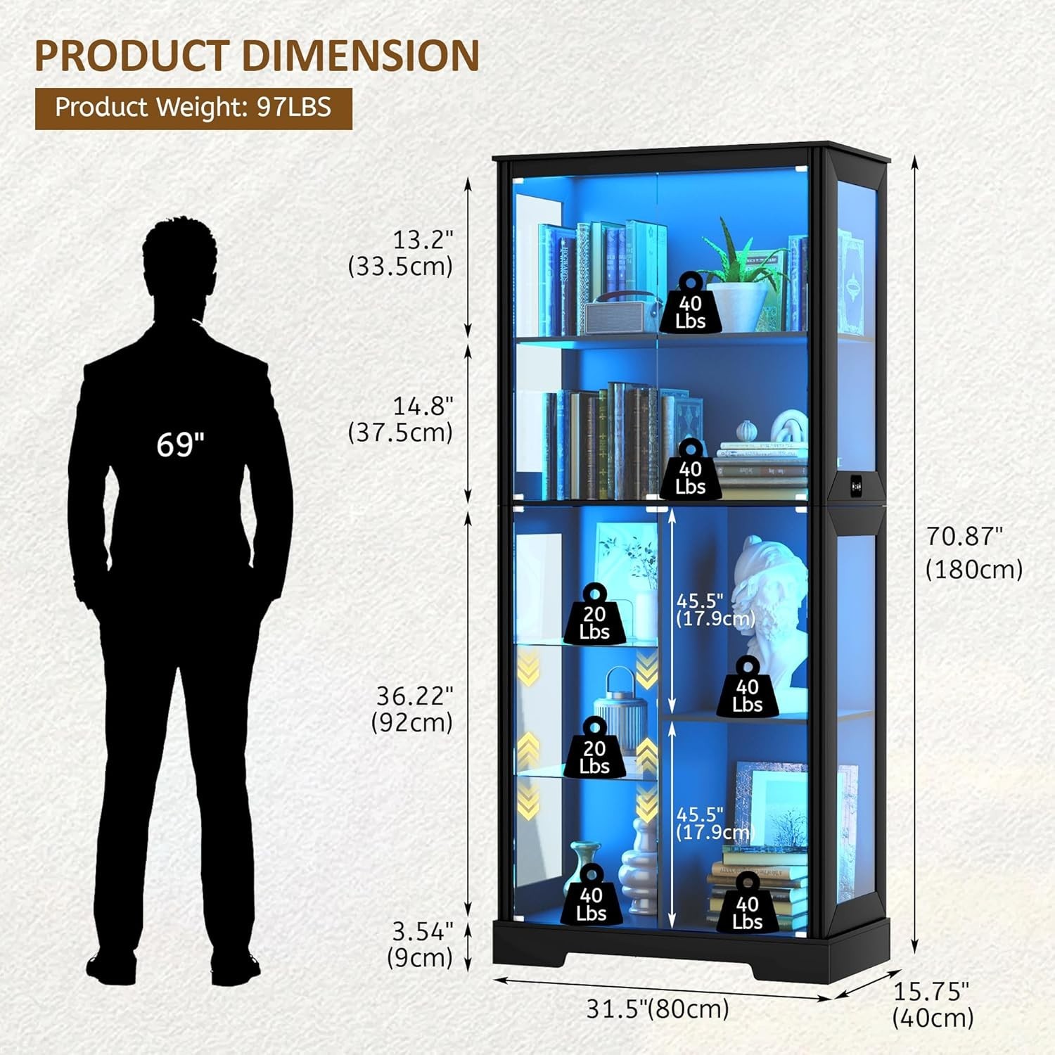 Display Cabinet with Doors, Curio Cabinet with LED Lights and Adjustable Shelves