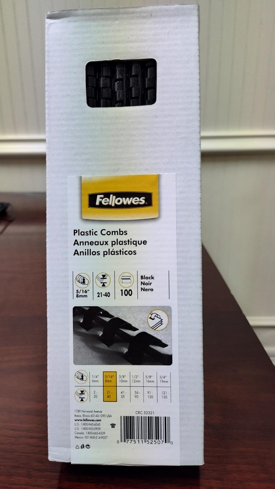 Fellowes 52507, 52508 Plastic Binding Combs, 5/16”, 40 Sheet Capacity 100 Combs