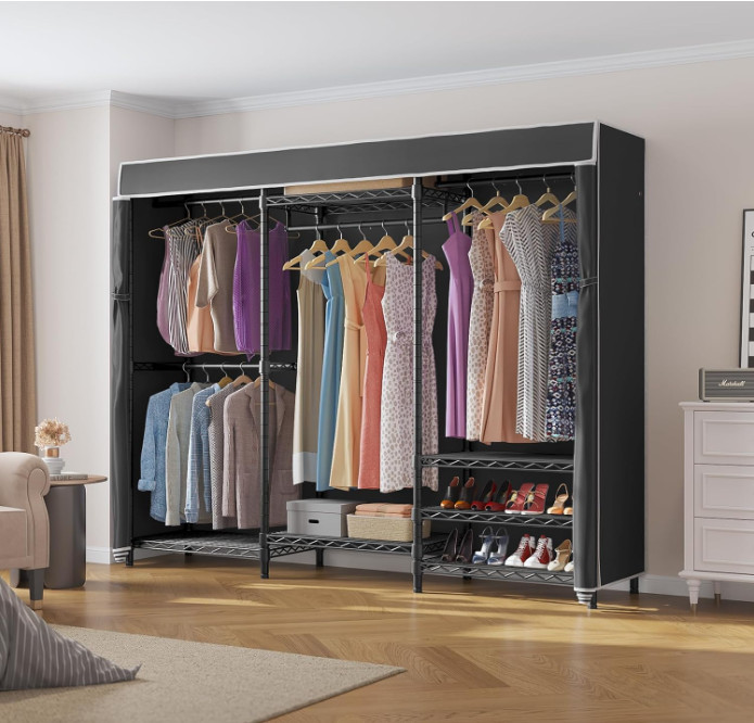 Perchero portátil de alta resistencia con funda negra, armario independiente aju