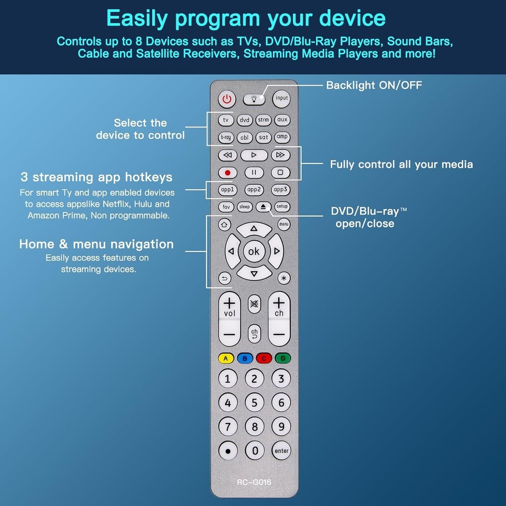 Backlit Universal Remote Control, TV 8IN1