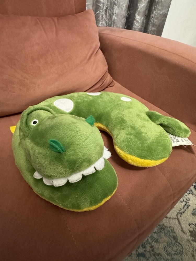 Green Plush Dinosaur U-Shaped Travel Neck Pillow, Polyester Padding