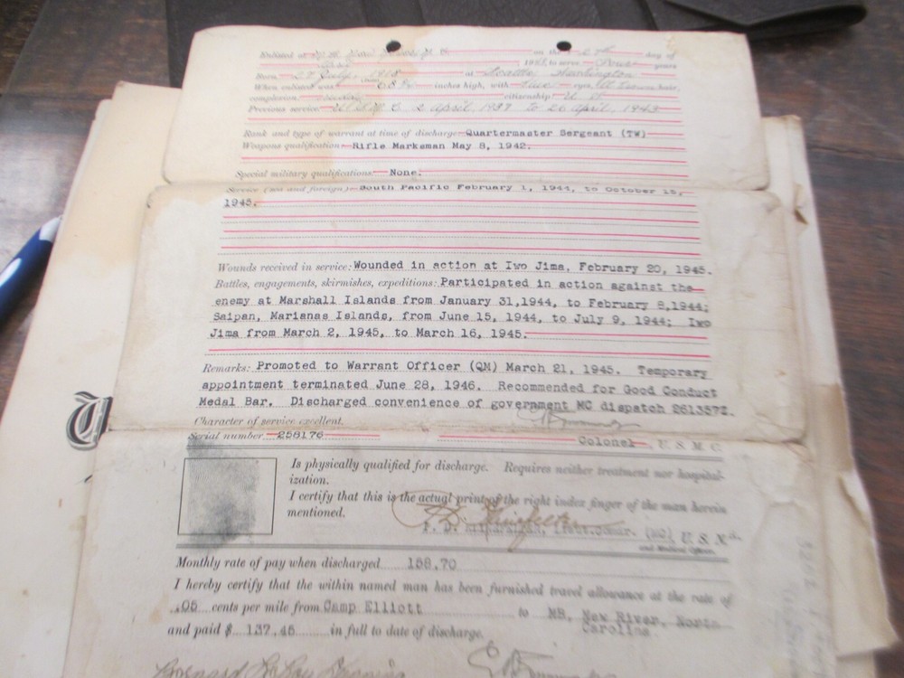 WWII Discharge Papers USMC Leather Case