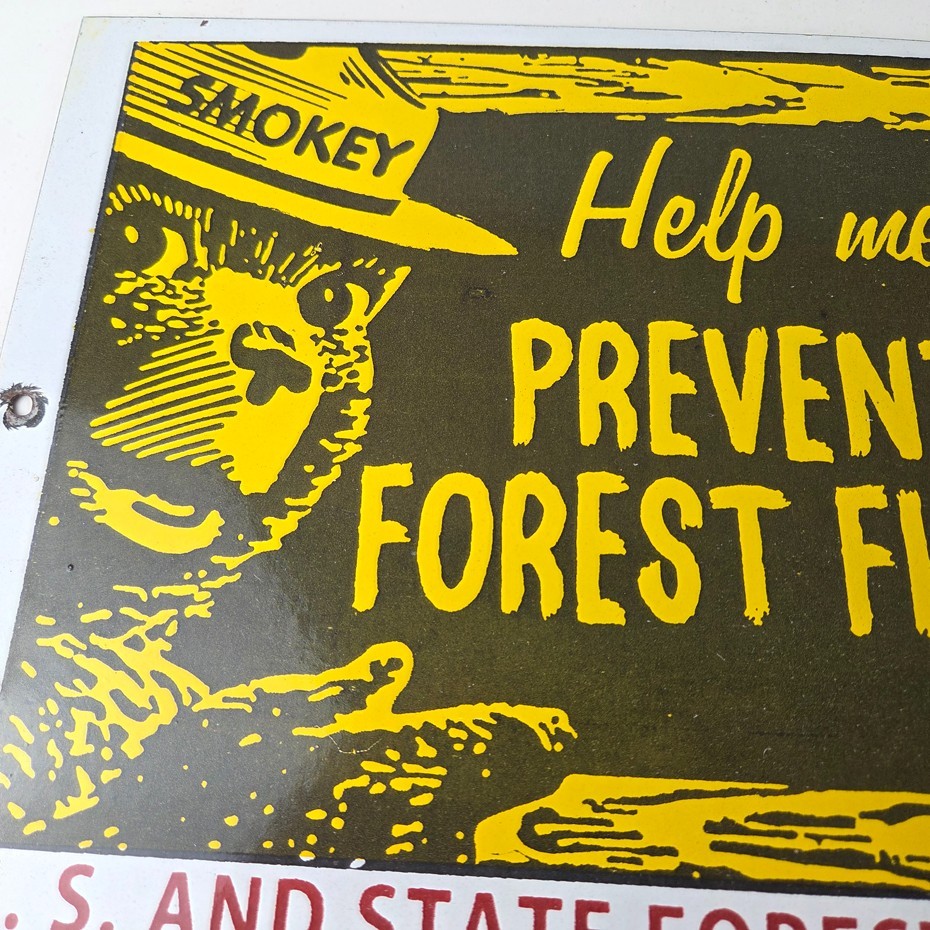 Vintage USA Forest Service Sign - Smokey the Bear Hiking Gas Porcelain Sign