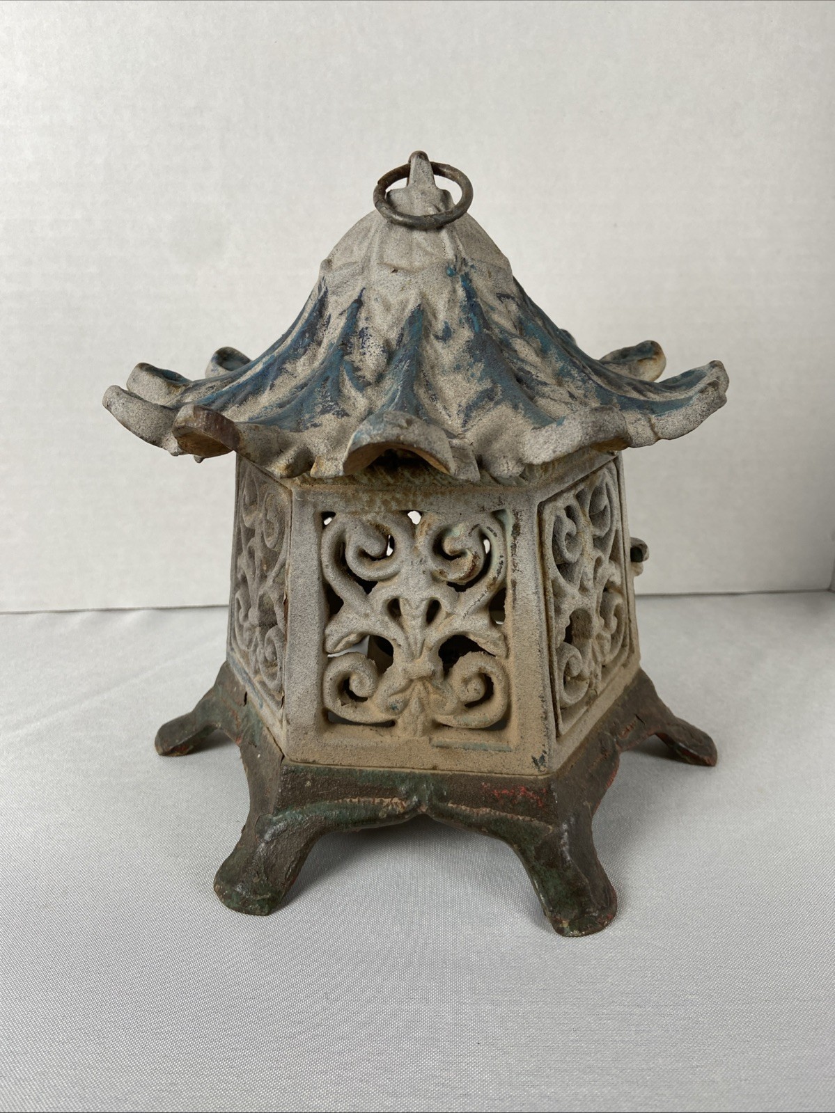 Vintage 9” Large Cast Iron Asian Pagoda Tea Light Candle Heavy Hanging Lantern