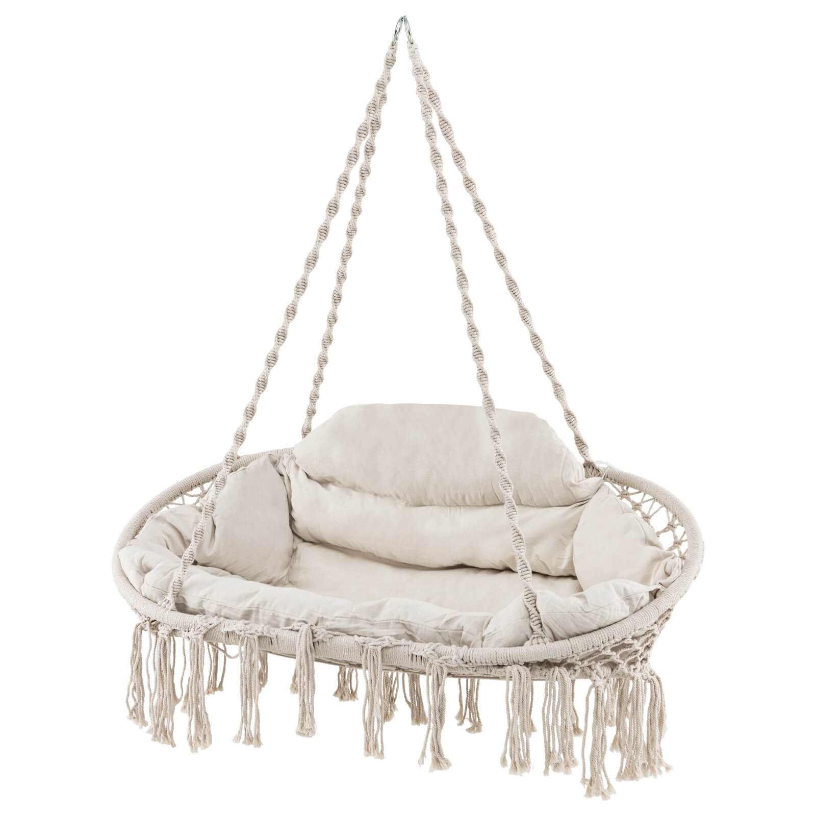 Swing Chair Hand-Woven Rope Hanging Chair w/Thick Cushion & Folding Metal Frame