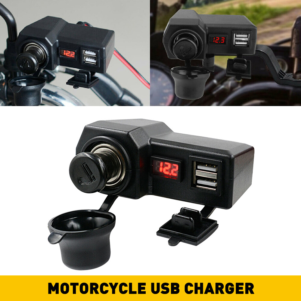 Motorcycle Handlebar Cigarette Lighter Socket Dual Charger USB W/ LED Voltmeter