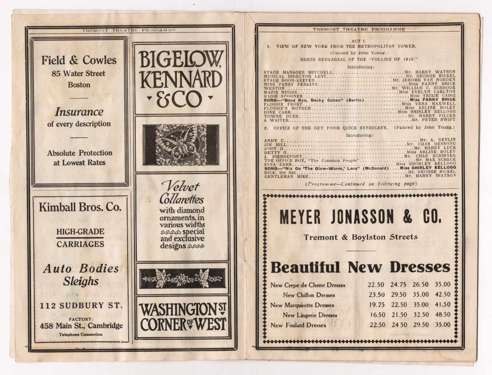 Fanny Brice (Debut) "ZIEGFELD FOLLIES of 1910" Bert Williams 1911 Boston Program