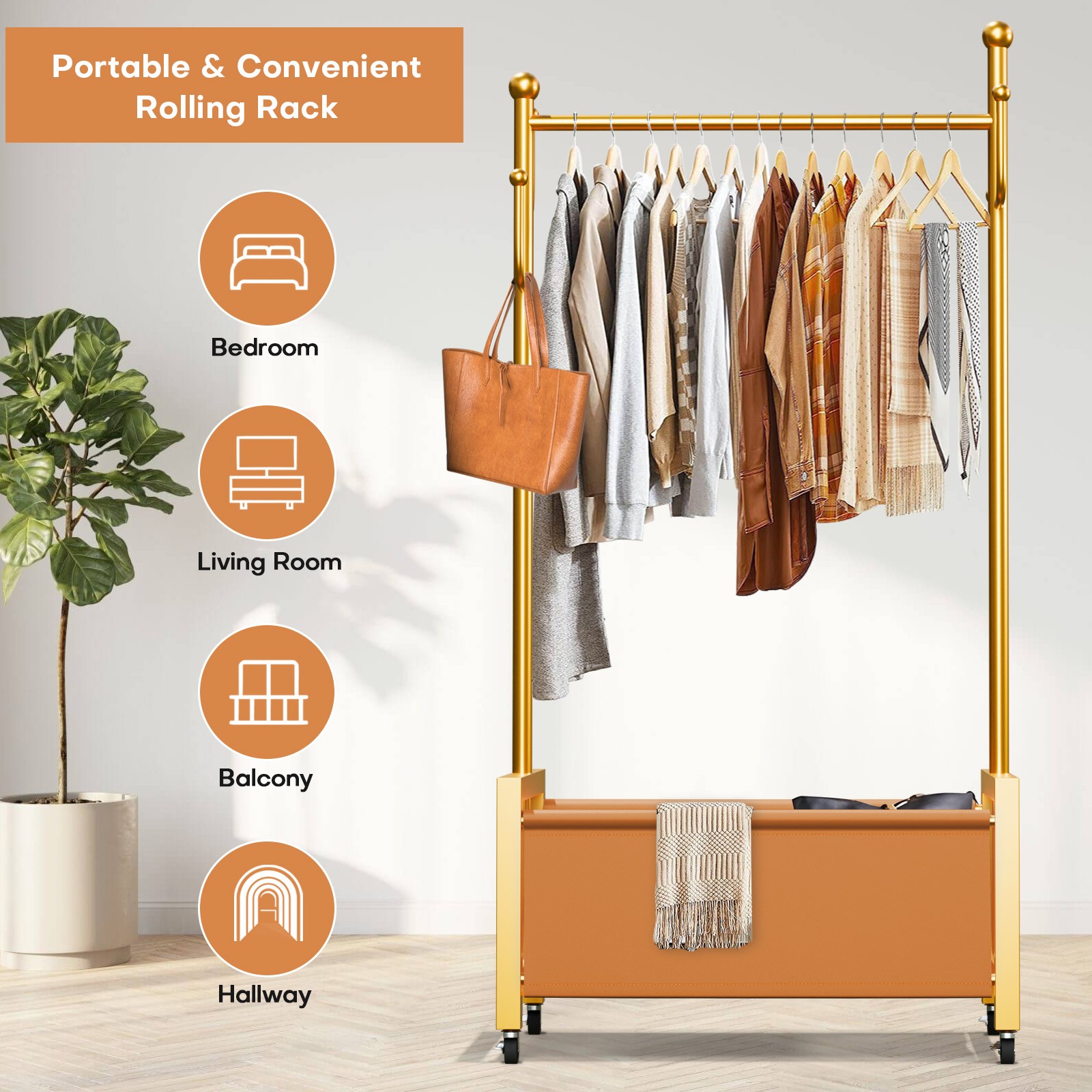 Rolling Garment Rack Organizer with Hanging Rod & Hooks for Small Apartment Dorm