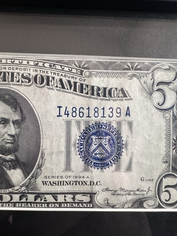 1934 Set $5 BLUE SEAL SILVER CERTIFICATE With Frame !