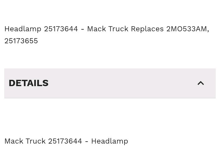 Mack Right Headlamp Part #25173644