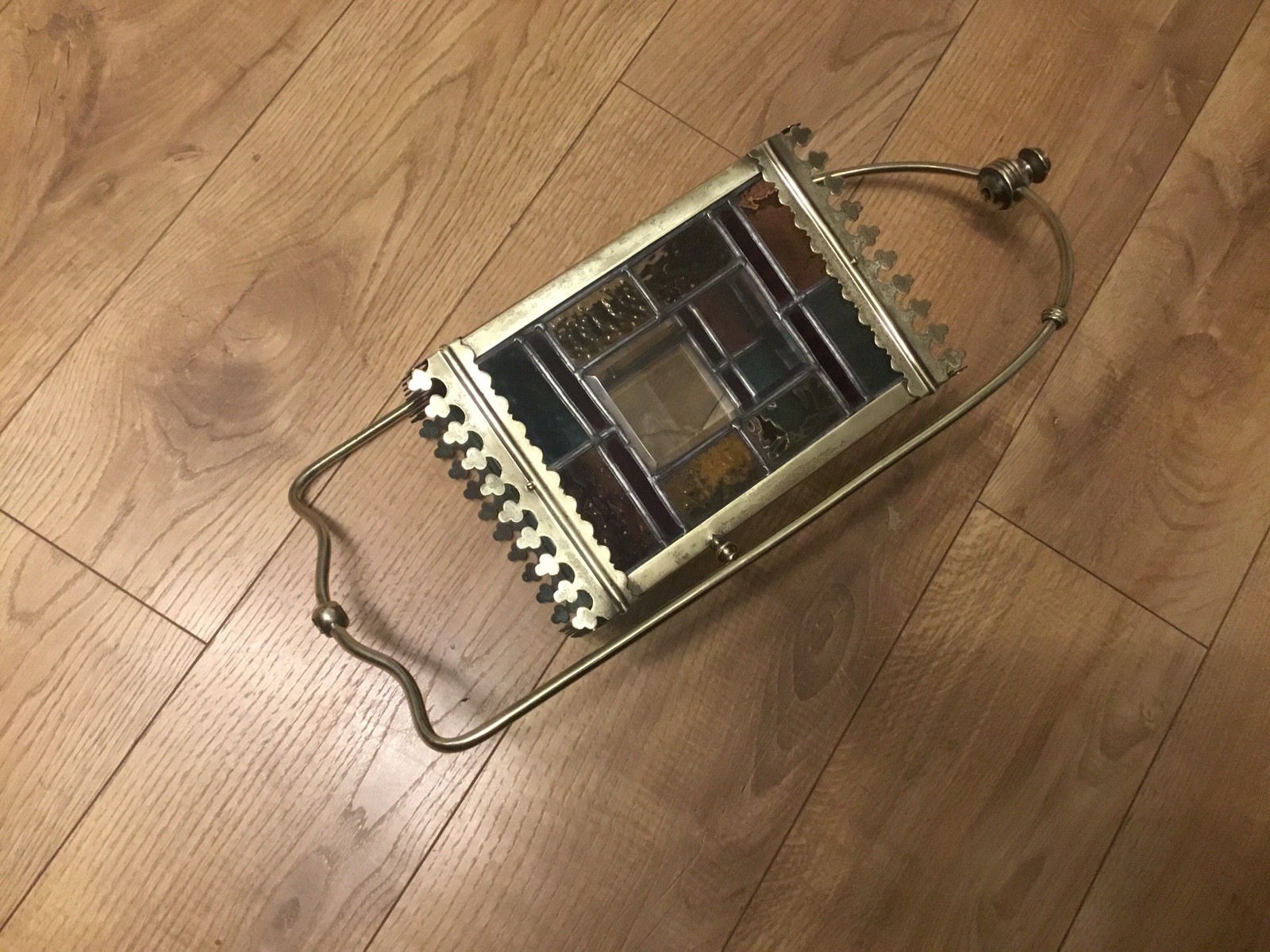 A BEAUTIFUL ANTIQUE BRASS & STAINED GLASS HALL LANTERN ,circa-1870.