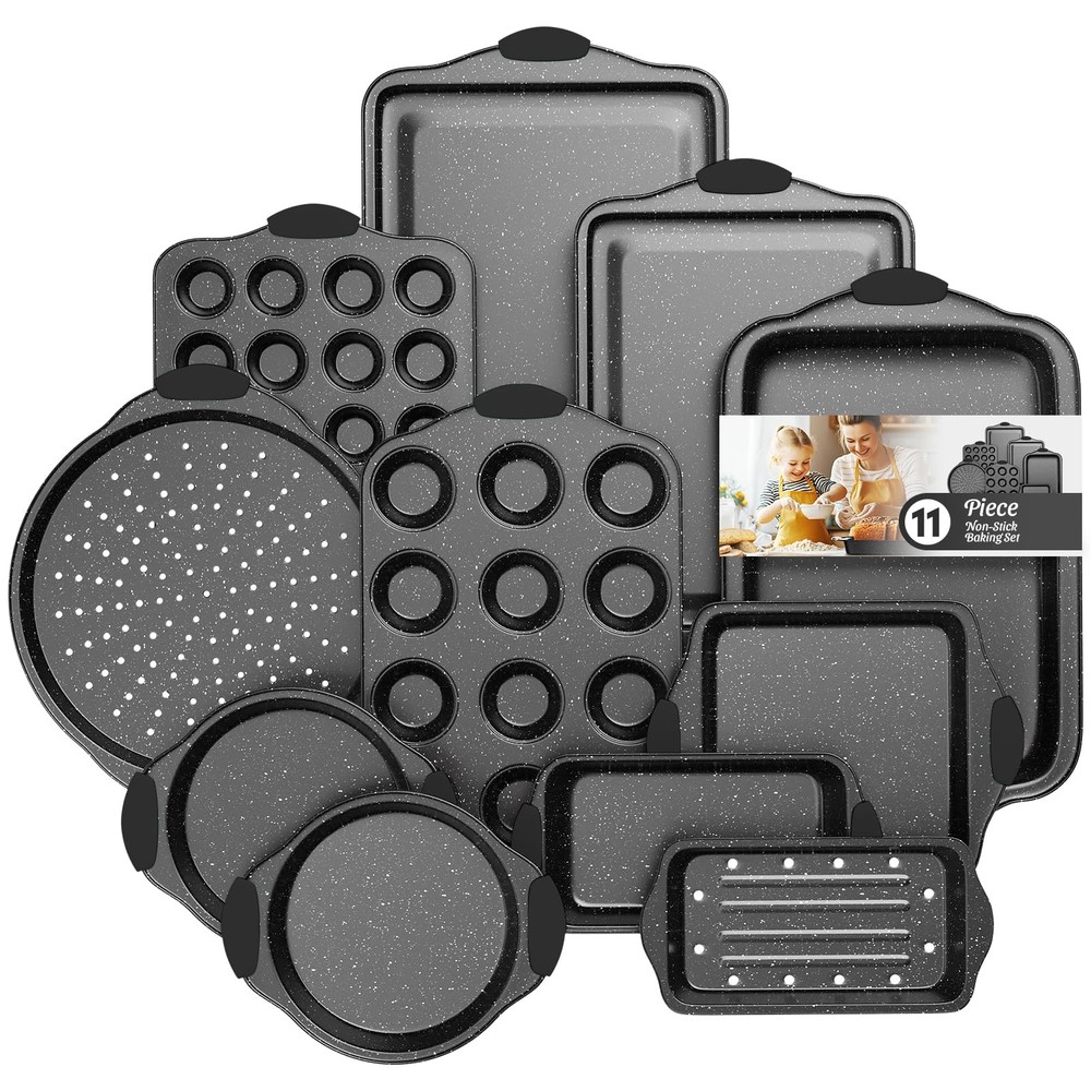 Slow Slog 11-Piece Nonstick Baking Pan Set, Stackable Bakeware Sets, M, Black