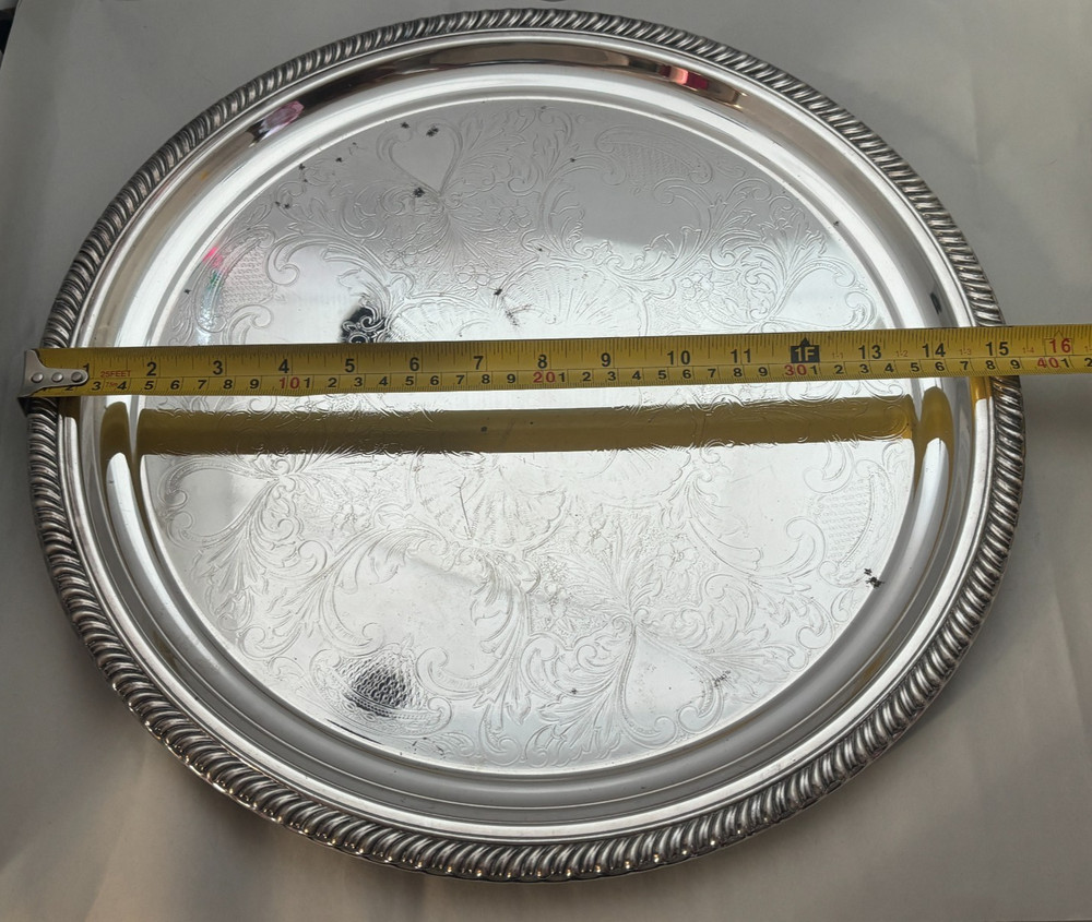 Unbranded Silver Plate Serving Tray with Makers Marks Round with Rope Edge