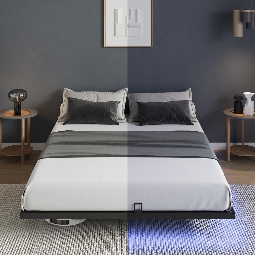 Floating Bed Frame with LED Lights, Modern Platform Queen Bed Frame with Matt...