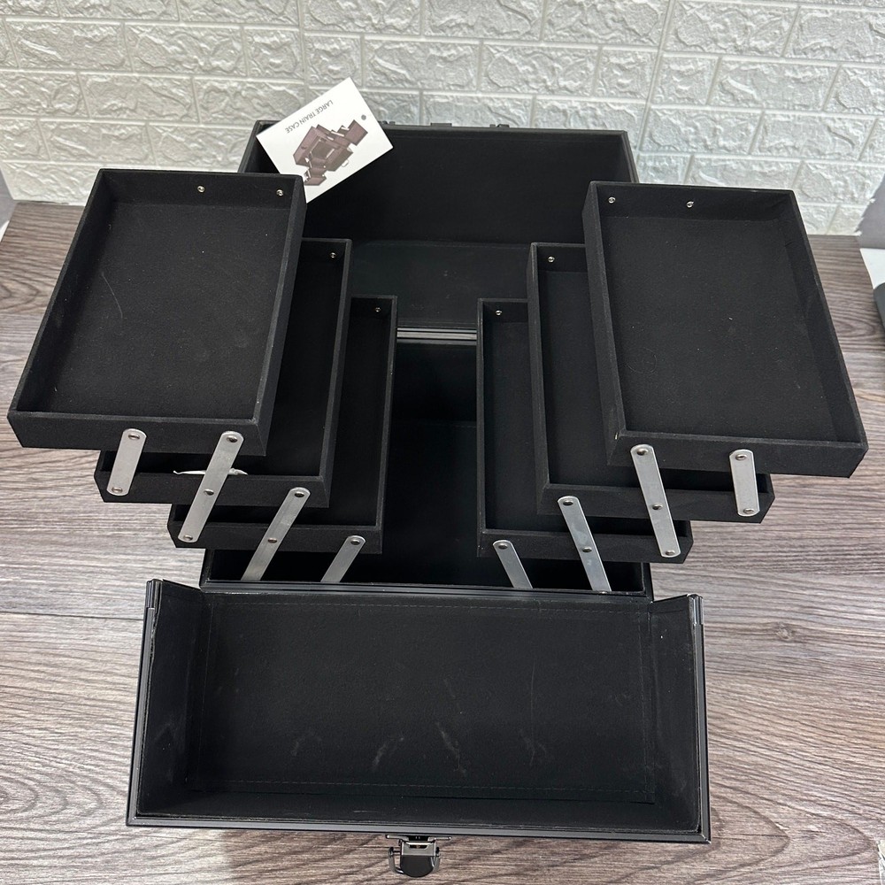 Large Makeup Train Case Cosmetics Organizer Portable Extendable Tray Matte Black