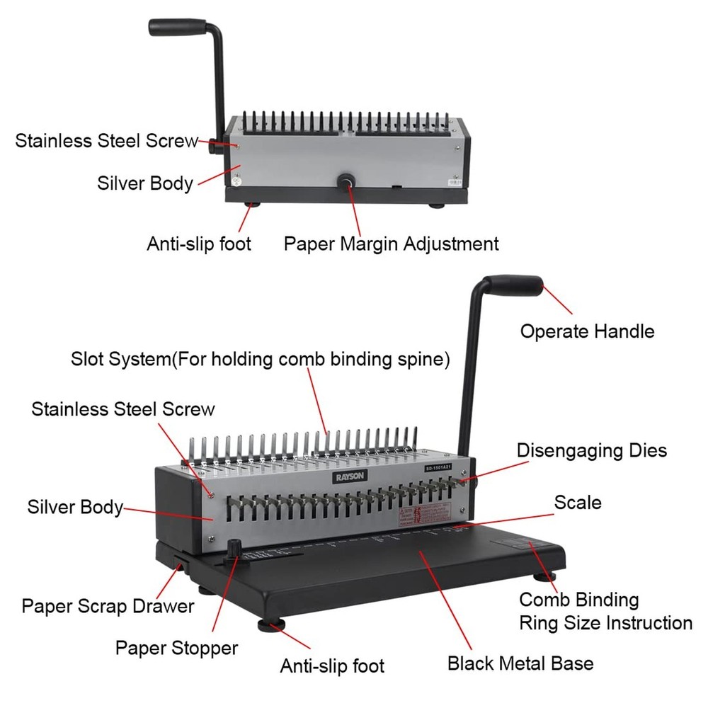 Rayson SD-1501A21 Binding Machine with Combs Set - 21 Hole / 200 Sheets Comb ...