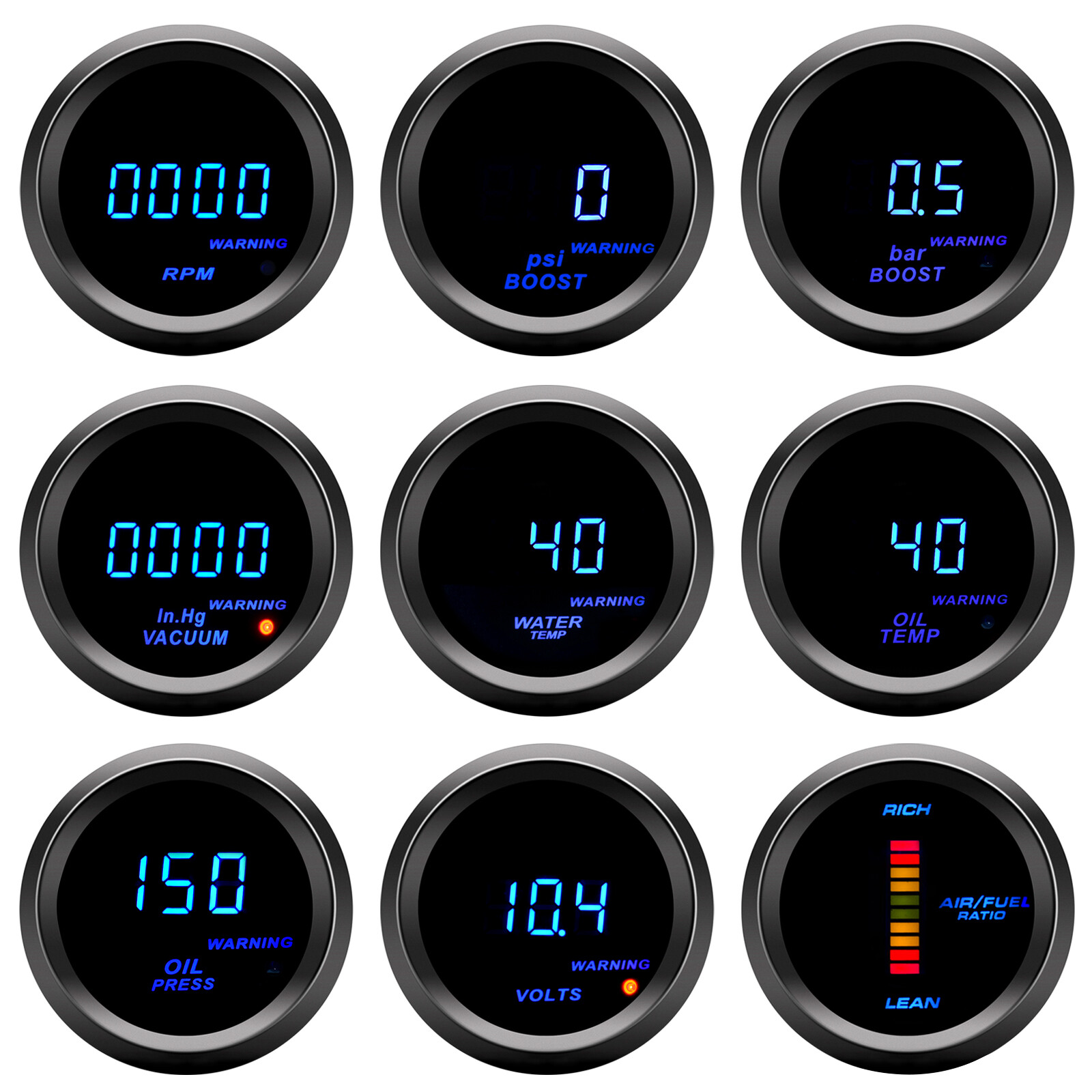 2" 52mm Digital Turbo Boost Water Temp Oil Temp Oil Press Tachometer Volt Gauge