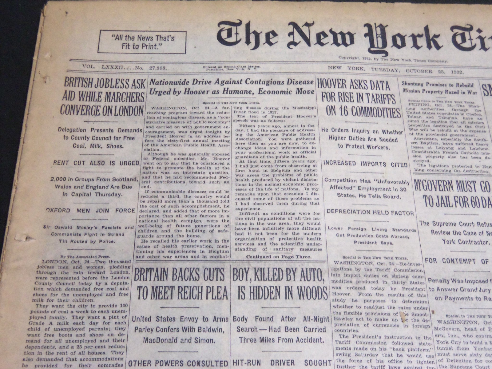 1932 OCT 25 NEW YORK TIMES -NATIONWIDE DRIVE AGAINST CONTAGIOUS DISEASE- NT 6985