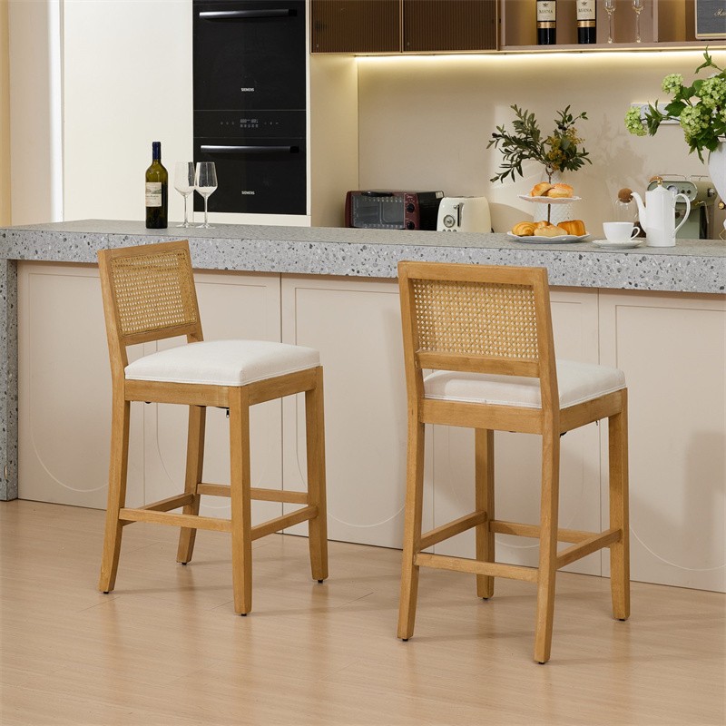 Set of 2 Solid Wood Rattan Bar Stools Comfort Linen Cushion High-Resilience Foam