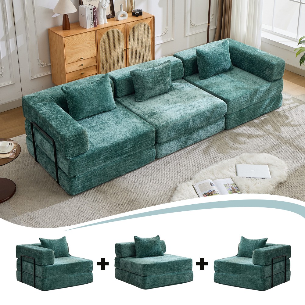 3-Seater Convertible Sofa Bed with Memory Foam, Folding Chenille Floor Sofa