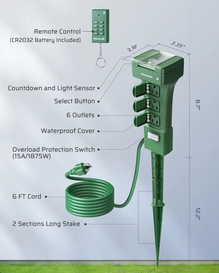 DEWENWILS Outdoor Power Stake Timer Waterproof,100FT Range Remote Control Outlet