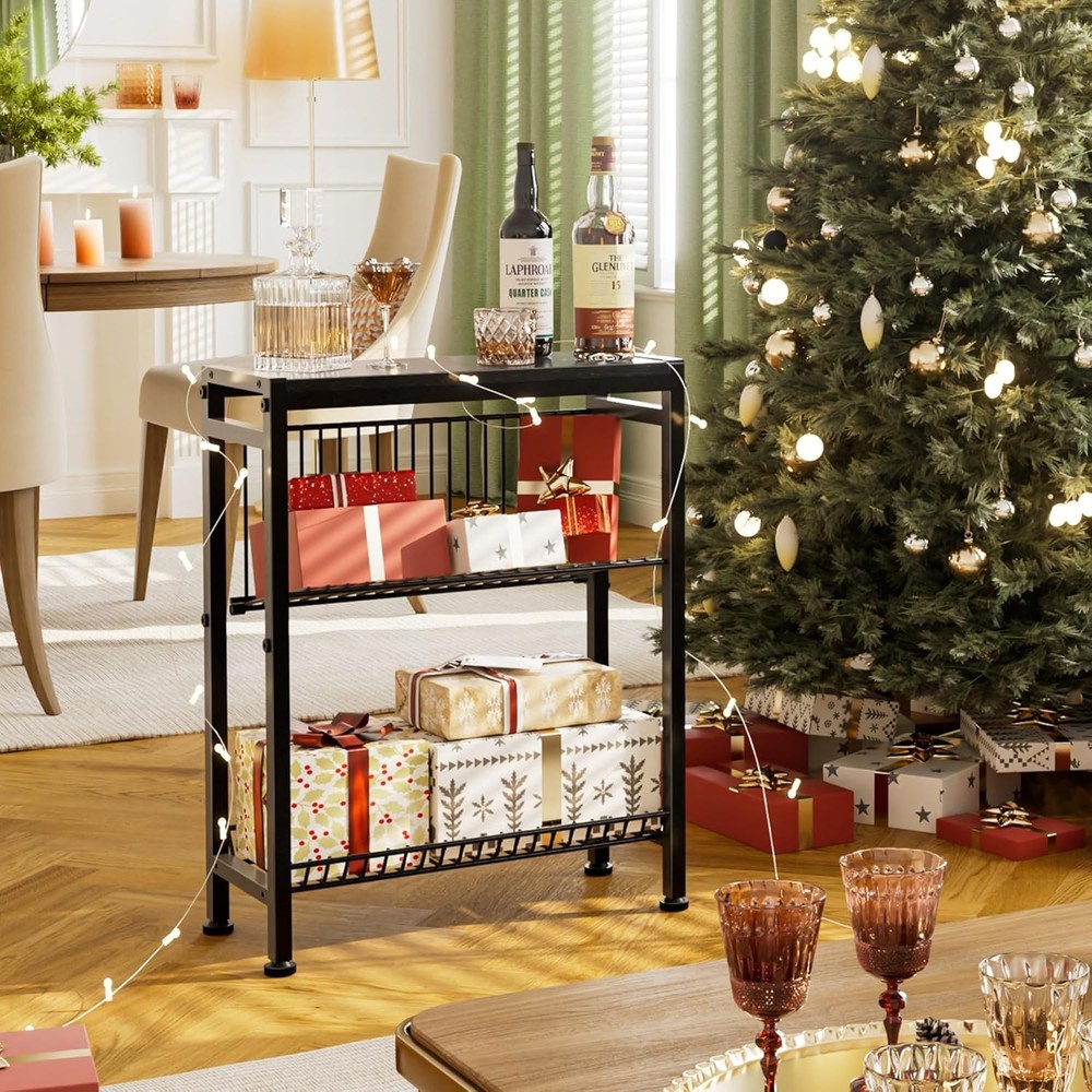 Narrow Side Table Small Space 3-Tier End Table W/ Magazine Holder Slim
