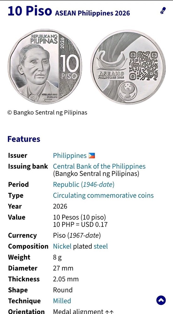 2026 Philippines 10 Piso ASEAN QR Code Coin.First Release.Uncirculated.1 piece.