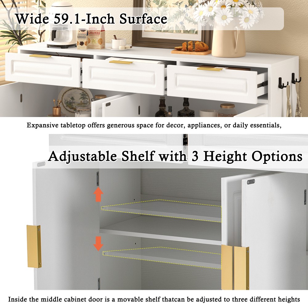 Sideboard with 3 Drawers & Adjustable Shelf, Multi-Functional Storage Buffet