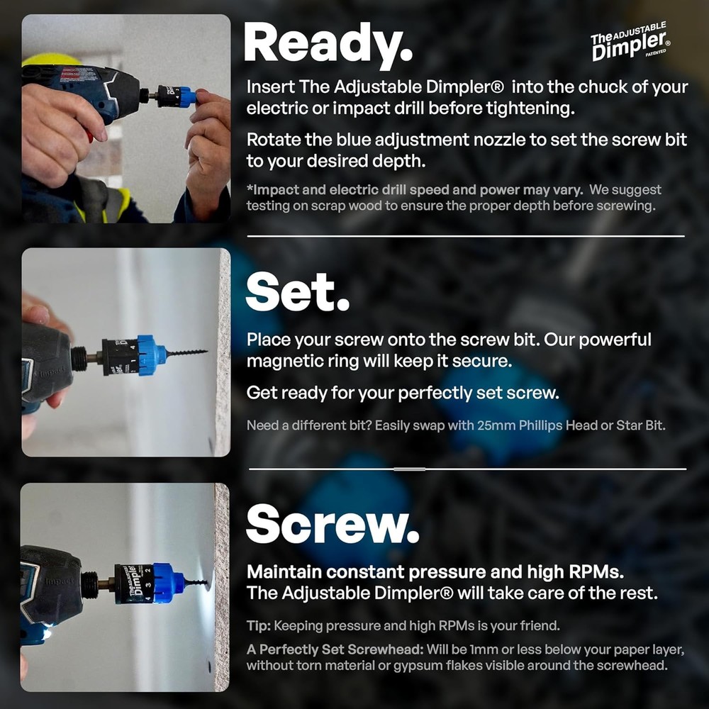 Adjustable DIMPLER ® - Drywall Bit & Screw Gun Attachment, Converts Drill into