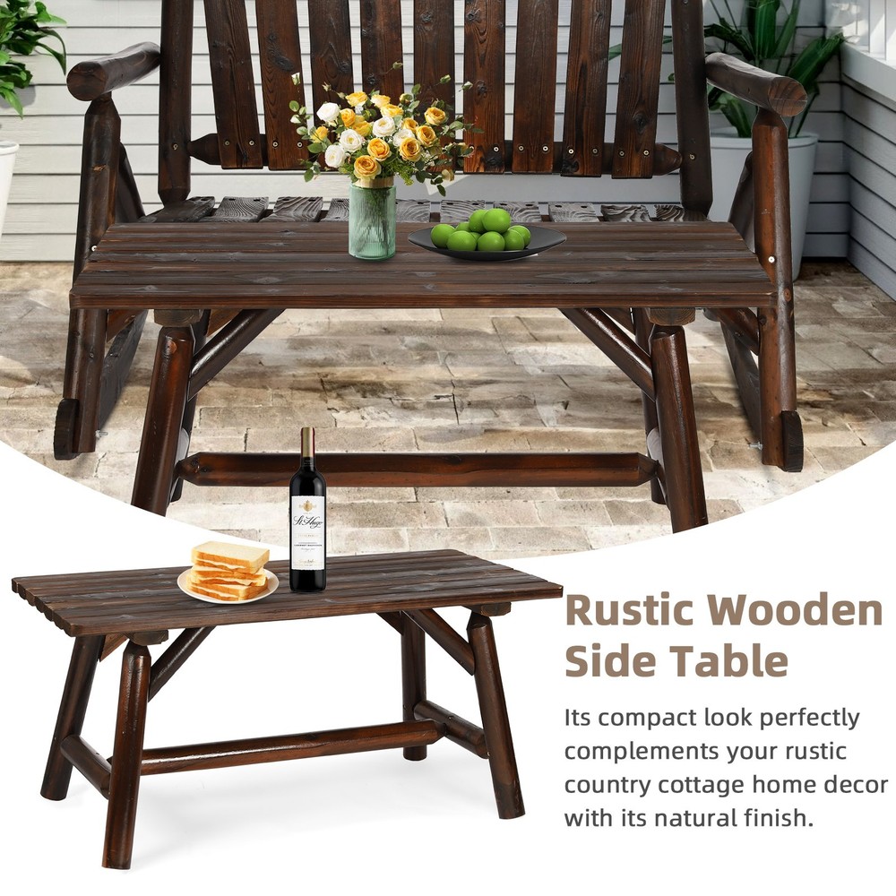 Outdoor Log End Table Coffee Table with Slat Tabletop Rustic Wooden Side Table