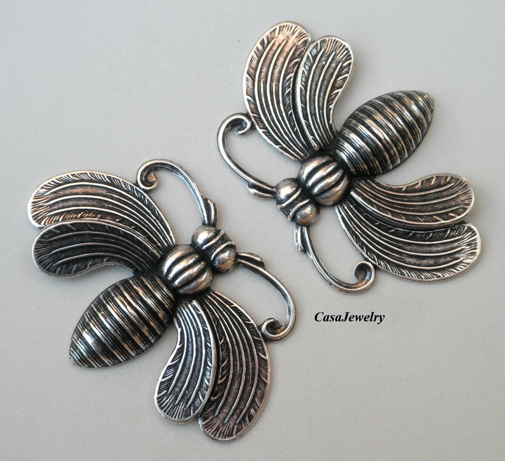 #5010RS ANTIQUED STERLING SILVER PLATED SPLIT WINGED MOTH - 2 Pc Lot