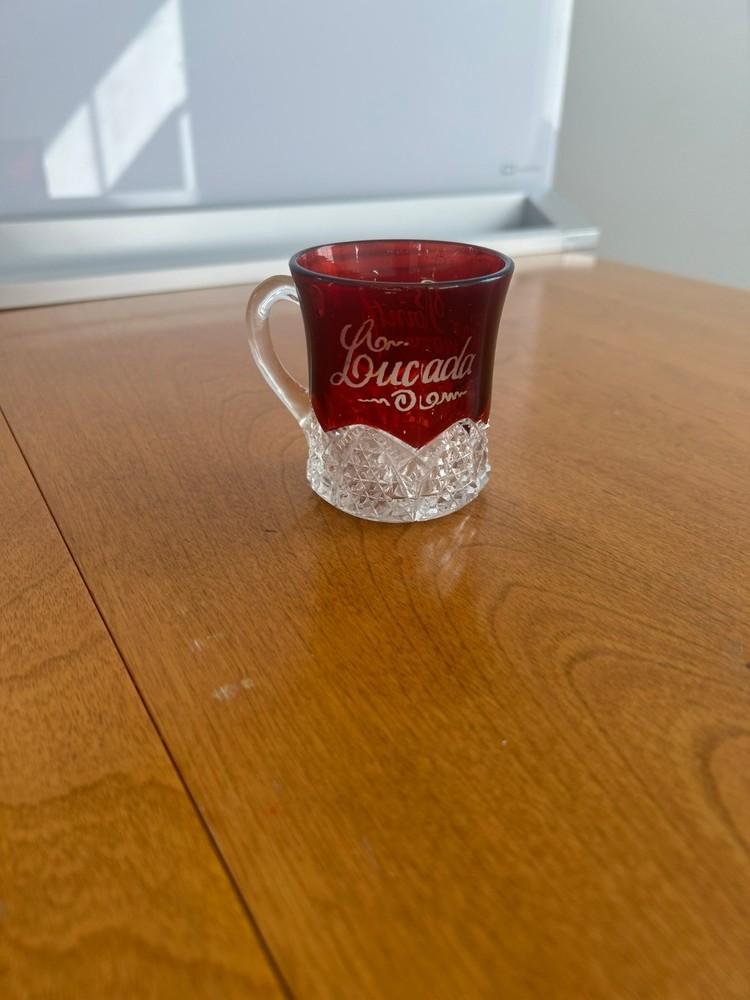 Cedar Point 1907 Small Etched Ruby Red Cut Glass Cup “Lucada”