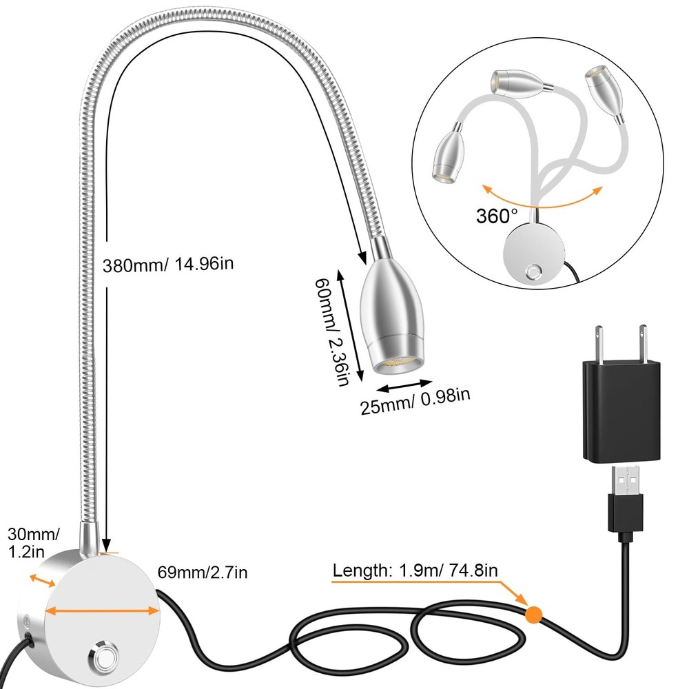Wall Mounted LED Reading Light with 360° Flexible Gooseneck, Dimmable Bedside...