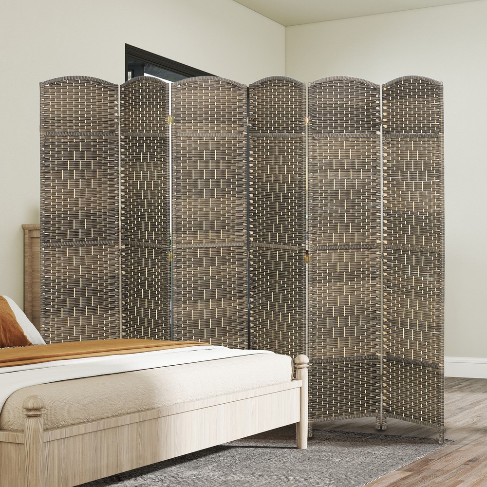 6 Panel Room Divider Hand-Woven Freestanding Partition Dark Rustic Oak