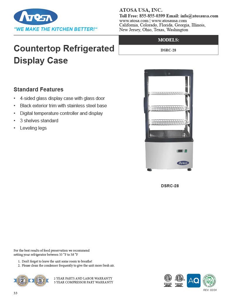 Atosa DSRC-28 – Countertop Refrigerated Display Case 17" WIDE BY 15" DEEP 39" H