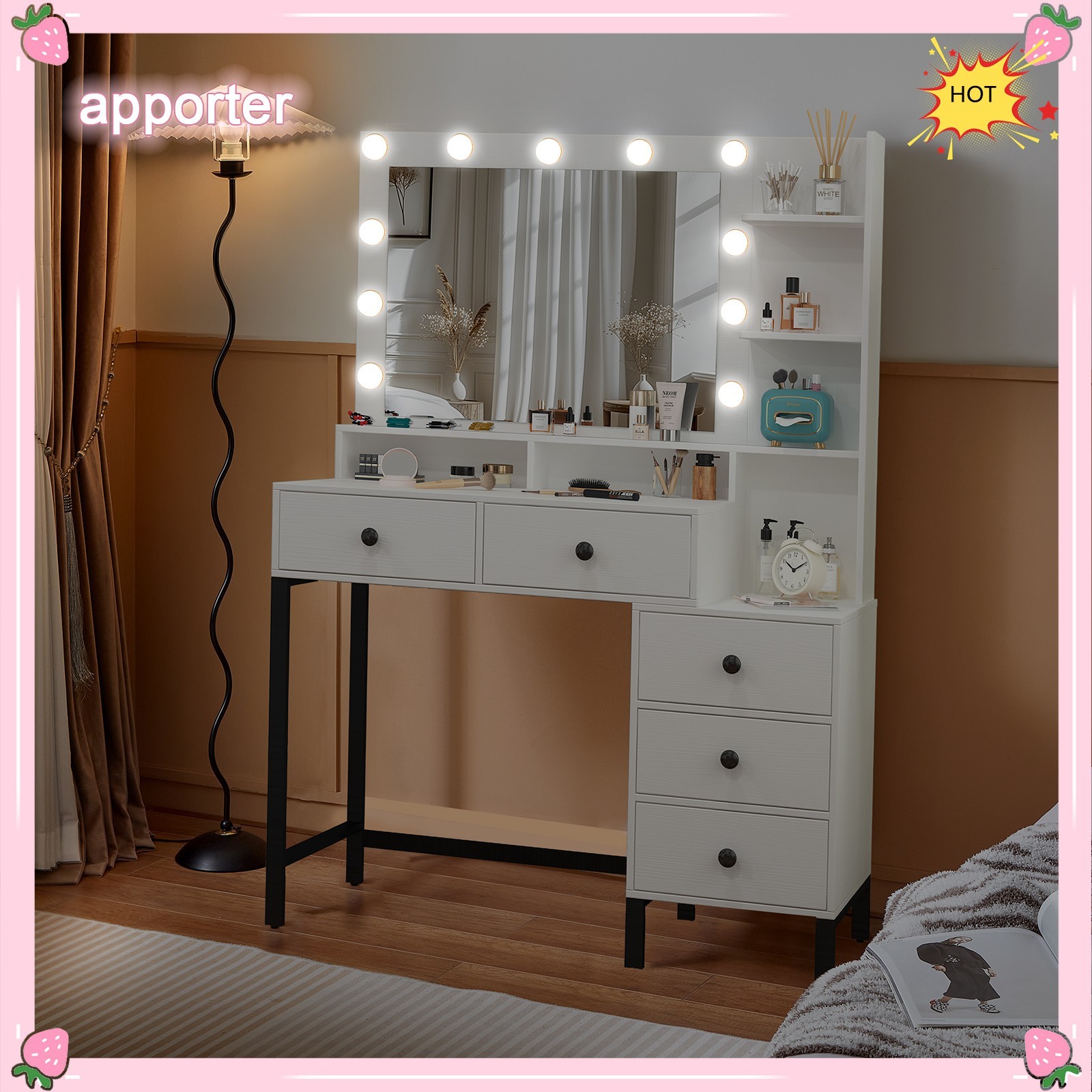 11 Led Lights Makeup Desk Set With Mirror Dressing Dresser Table White Vanity
