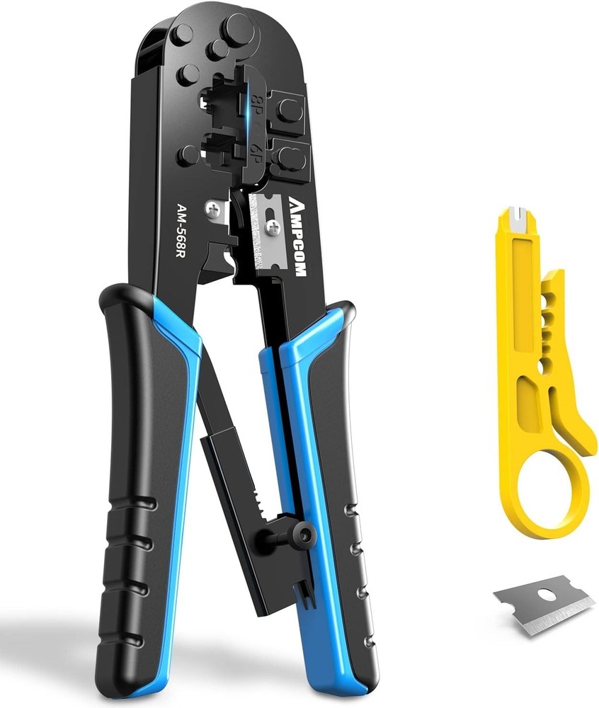 Professional RJ45 Crimping Tool with Ergonomic Grip & Extra Mini Wire Stripper